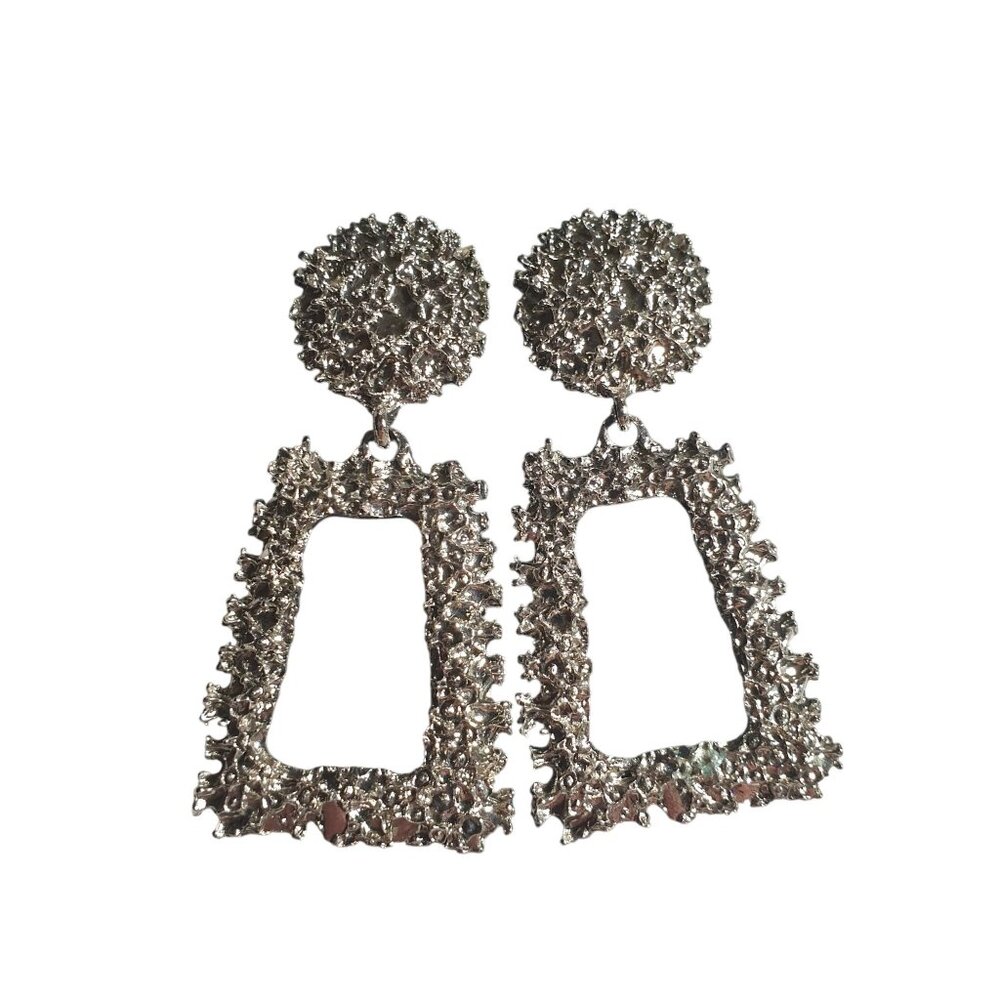 Rectangular Dangle Earrings Silver Tone Textured … - image 1